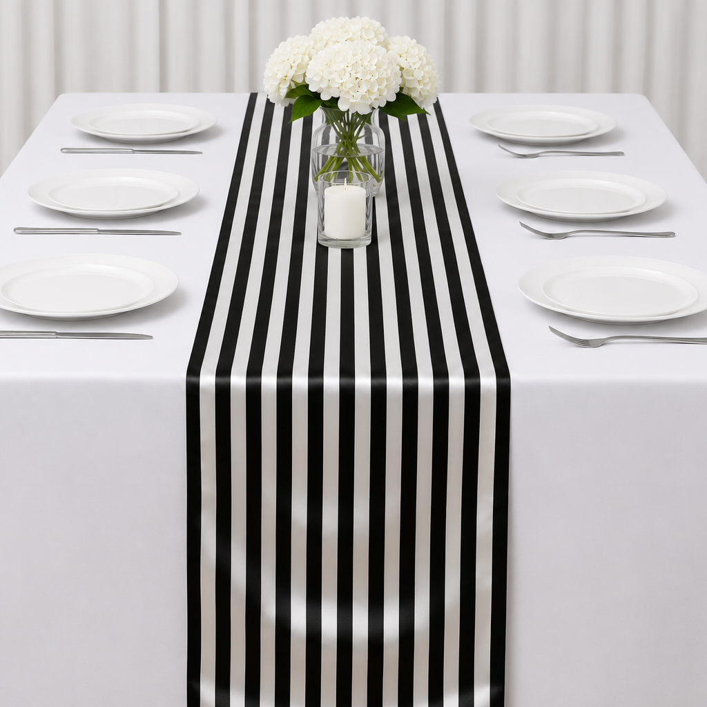 Black and White Cotton Table Runner – 12″ x 108″, 1″ Stripes