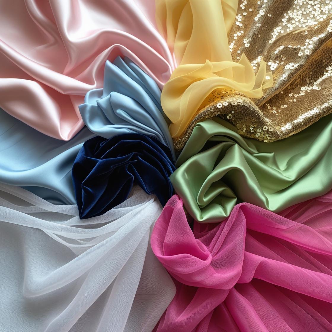 colorful assortment of chiffon, satin, velvet and sequin fabrics displayed in folds-best-selling fabrics at new star fabric.
