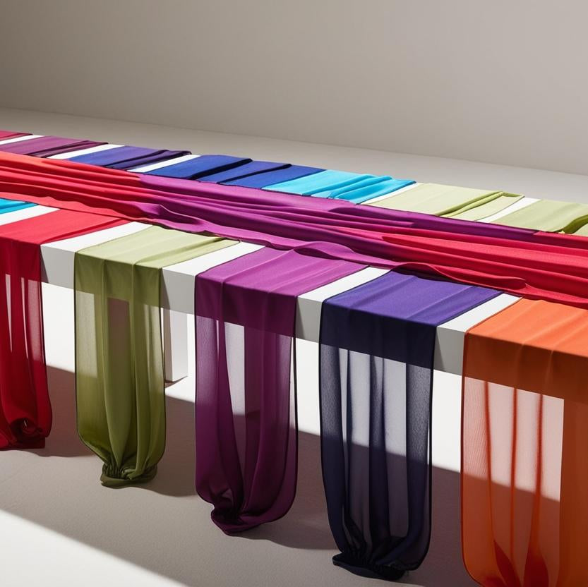 sheer chiffon fabric draped over table showing multiple colors ad soft flowing texture