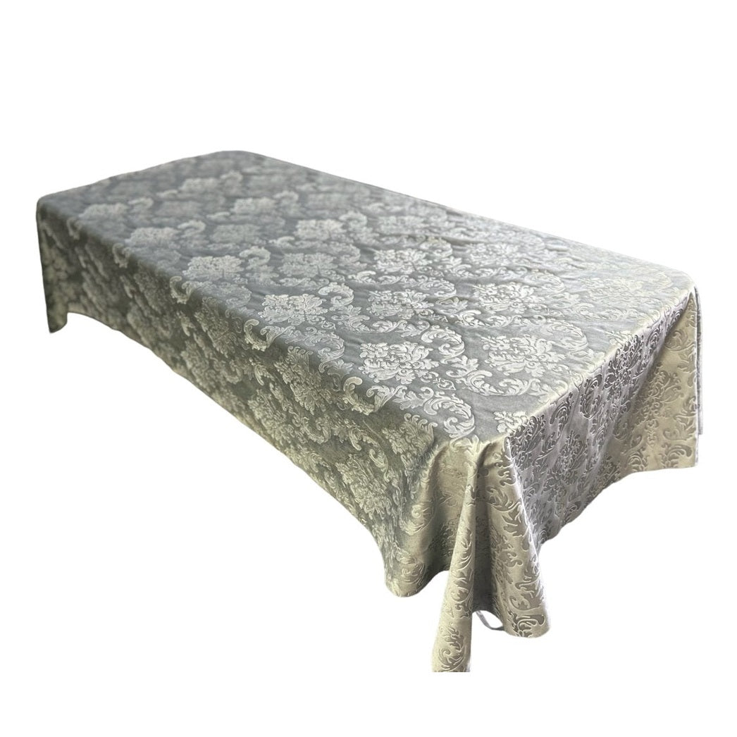 Gray Embedded Damask Velvet Tablecloth Rectangle and overlay - New Star Fabrics