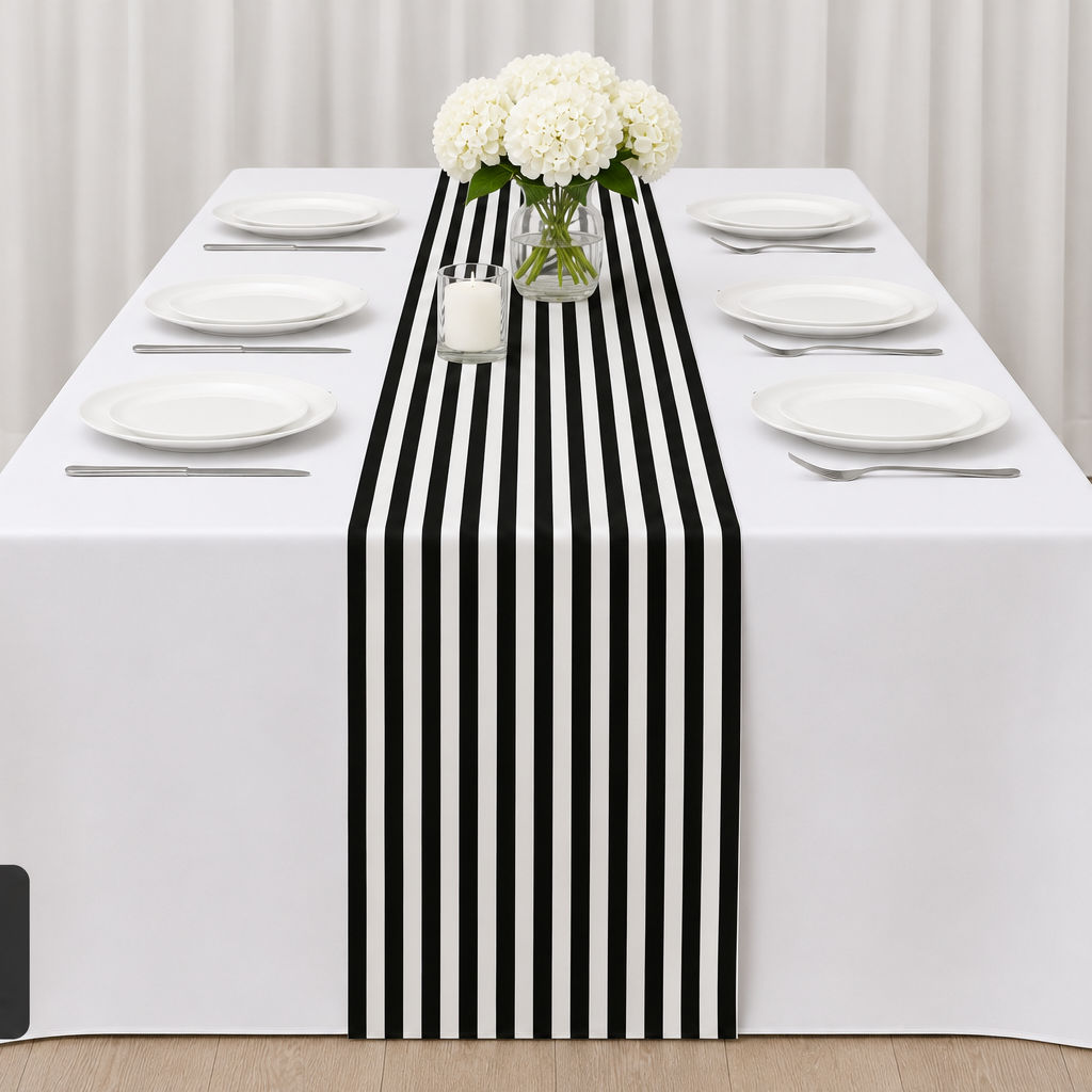 Black and White Striped Charmeuse Table Runner – 12″ x 108″, 1″ Stripes