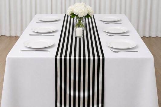Table Runners Black/White- Striped 1-inch Charmeuse 12” x 108"
