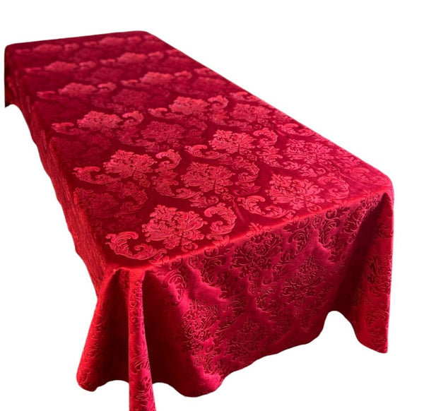 Embossed Damask Velvet Tablecloth Rectangle and overlay