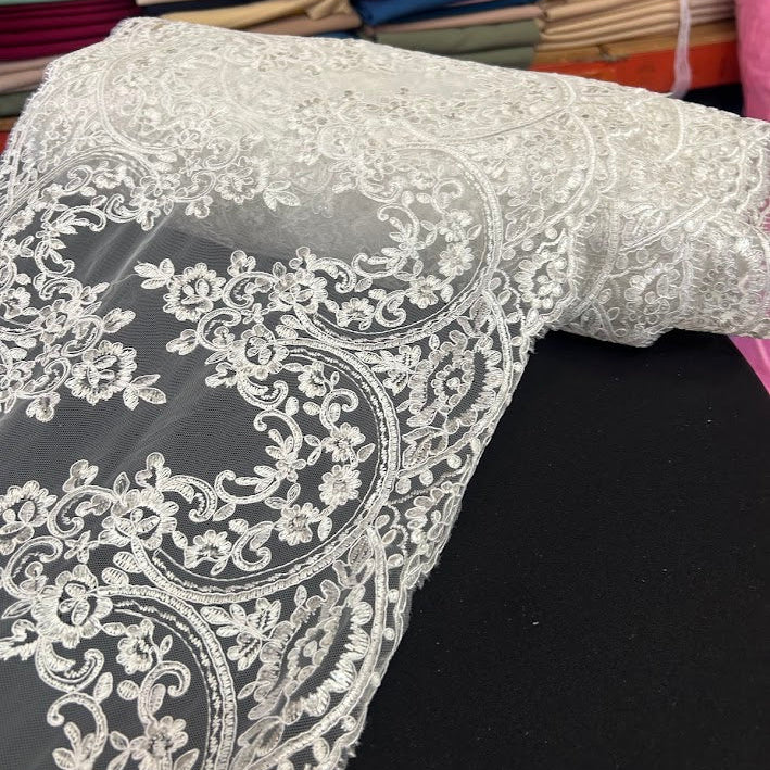 Floral Lace Table Runner Fabric Roll – 15 Inch Wide x 36 Yards Continuous Piece – White & Ivory