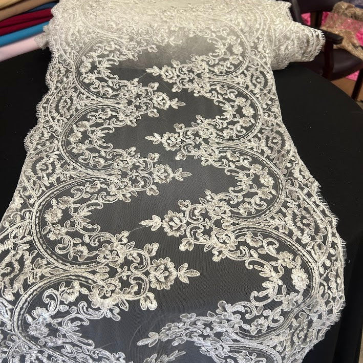 Floral Lace Table Runner Fabric Roll – 15 Inch Wide x 36 Yards Continuous Piece – White & Ivory