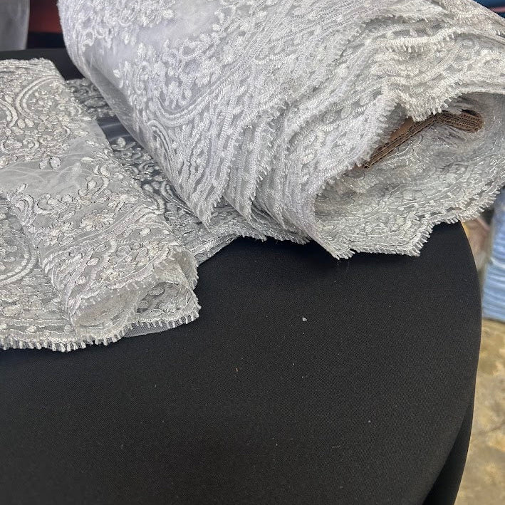 Floral Lace Table Runner Fabric Roll – 15 Inch Wide x 36 Yards Continuous Piece – White & Ivory