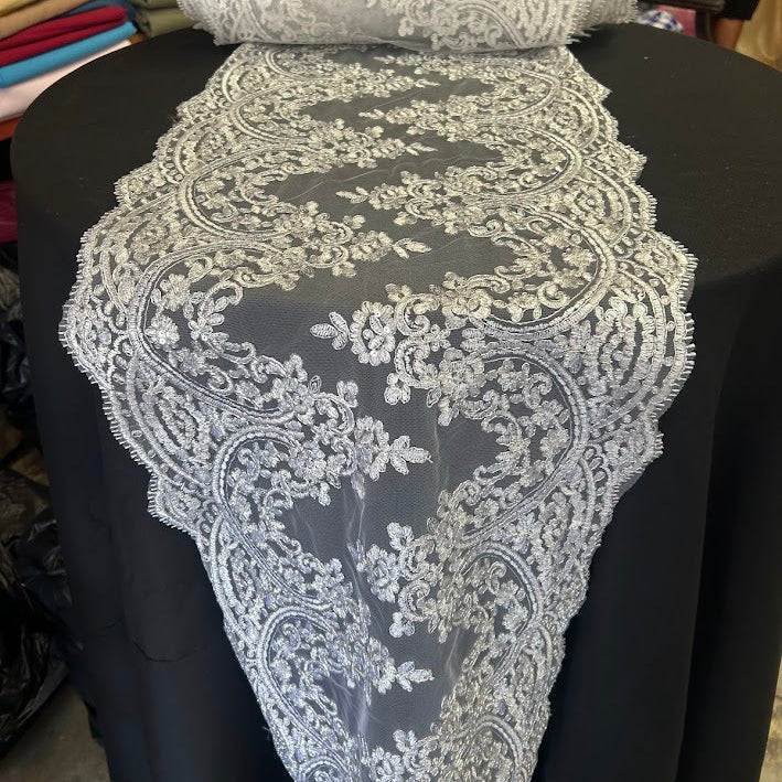 Floral Lace Table Runner Fabric Roll – 15 Inch Wide x 36 Yards Continuous Piece – White & Ivory