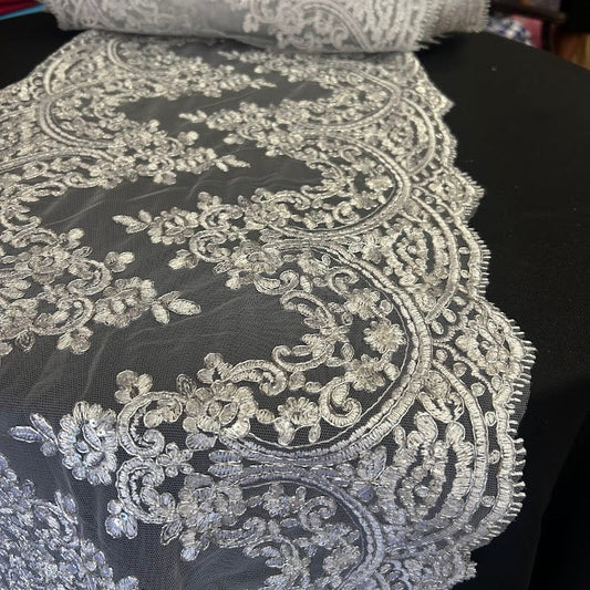 Floral Lace Table Runner Fabric Roll – 15 Inch Wide x 36 Yards Continuous Piece – White & Ivory