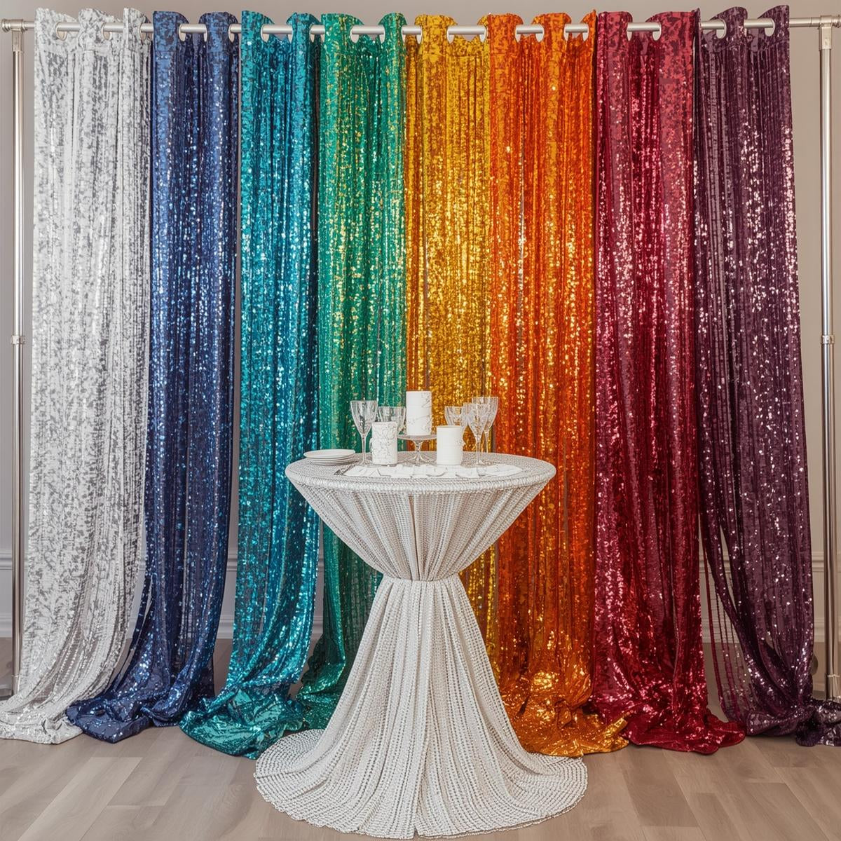 Sequin fabric backdrop in multiple colors for wedding and event decoration with draped panels

