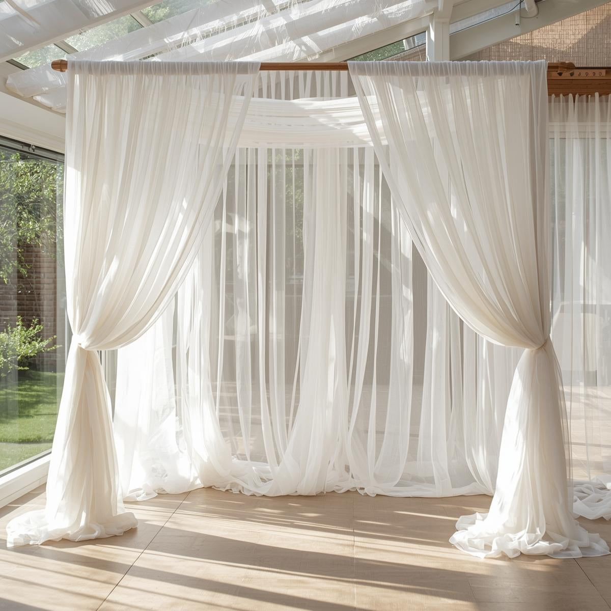 white voile fabric backdrop draping in indoor event space with natural light