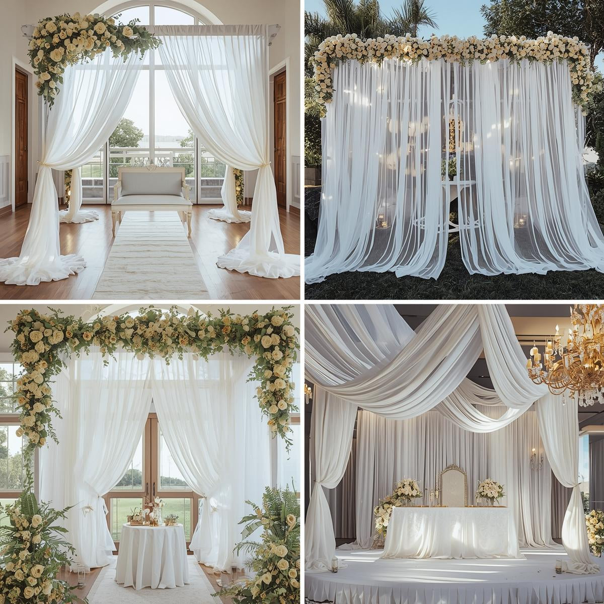 white voile wedding backdrops and ceiling  decor