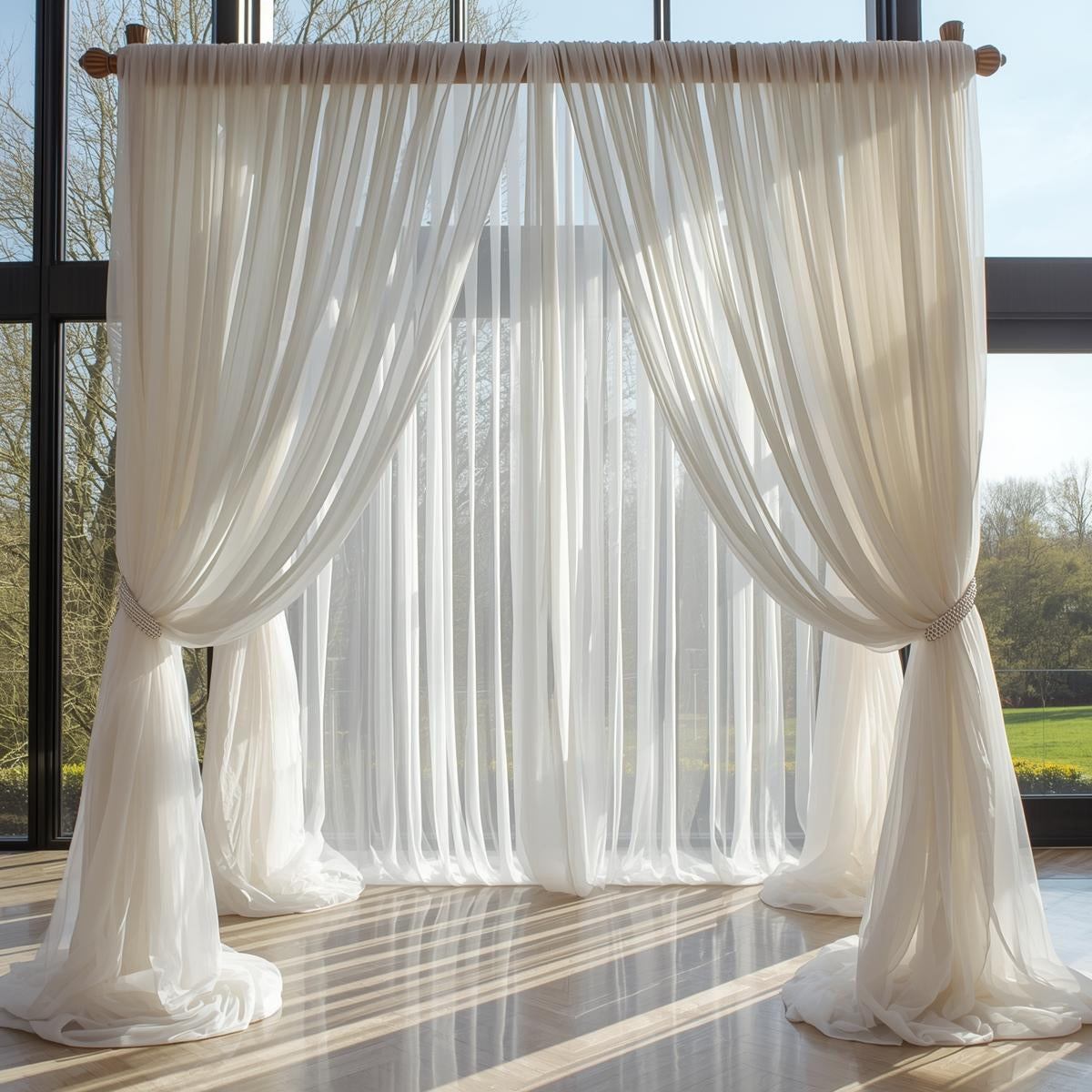 white 120 inch vile fabric used for indoor window backdrop and event draping